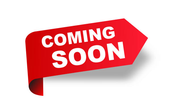 Coming soon red ribbon label banner. Open available now sign or coming soon tag. Vector illustration.